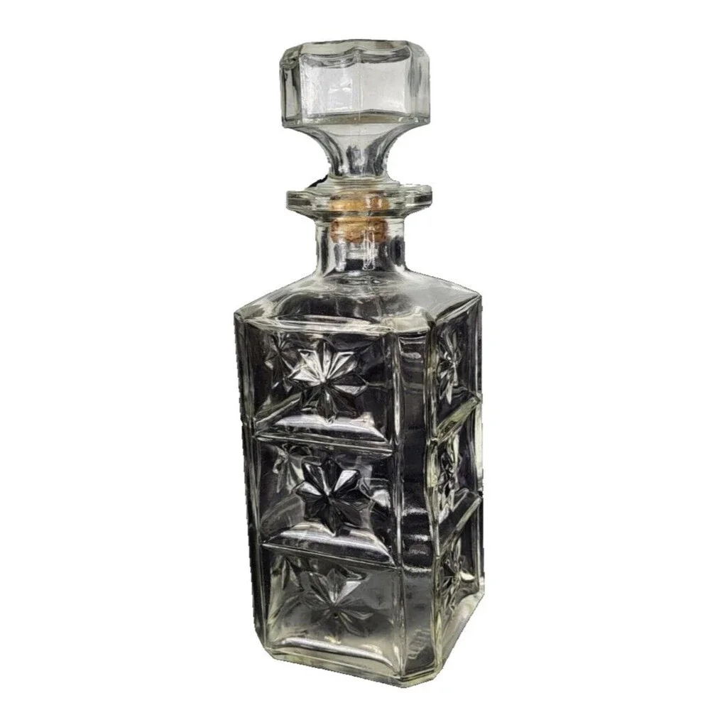 Vintage MCM Cut Glass Square Federal Whiskey Liquor Decanter & Stopper Barware